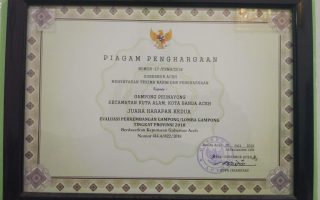 Piagam Penghargaan sebagai Juara Harapan Kedua dalam Lomba Evaluasi Perkembangan Gampong (Lomba Gampong) Tingkat Provinsi Aceh Tahun 2018